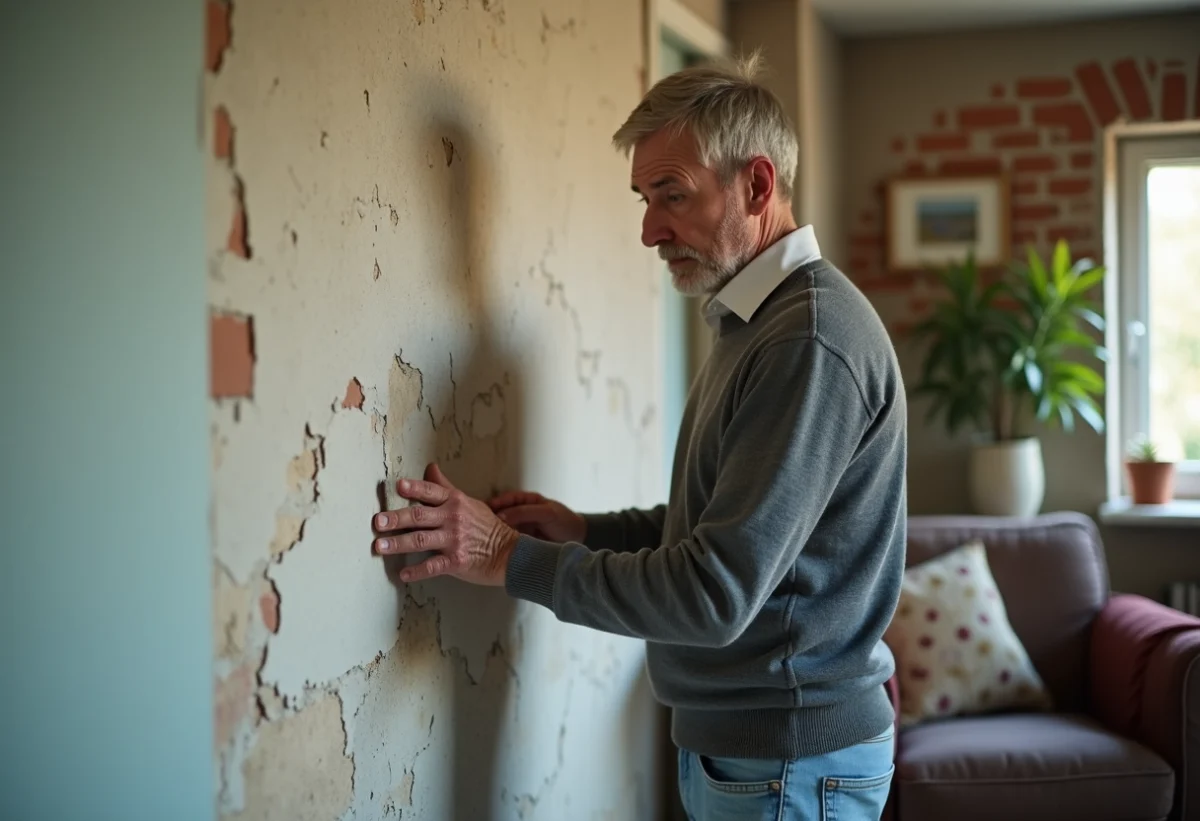 Homme examine un mur humide dans un salon familial