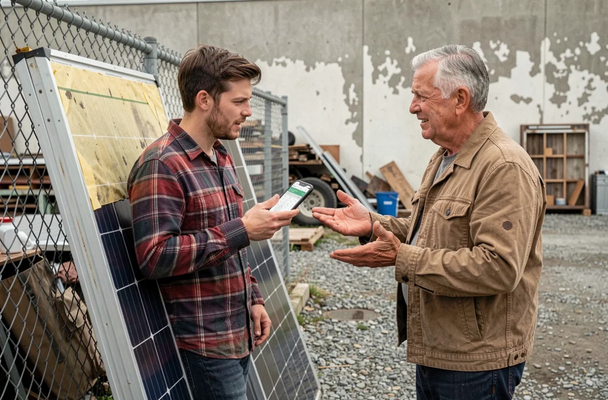 Deux hommes négociant le prix de panneaux solaires usagés dans un entrepôt de récupération