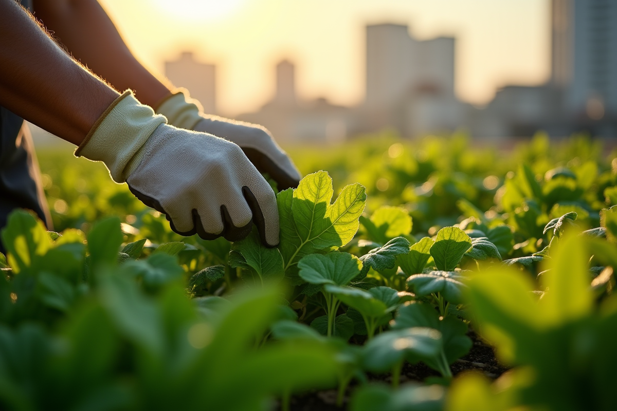 Mains en gants retirant des feuilles mortes dans un jardin de toit vert