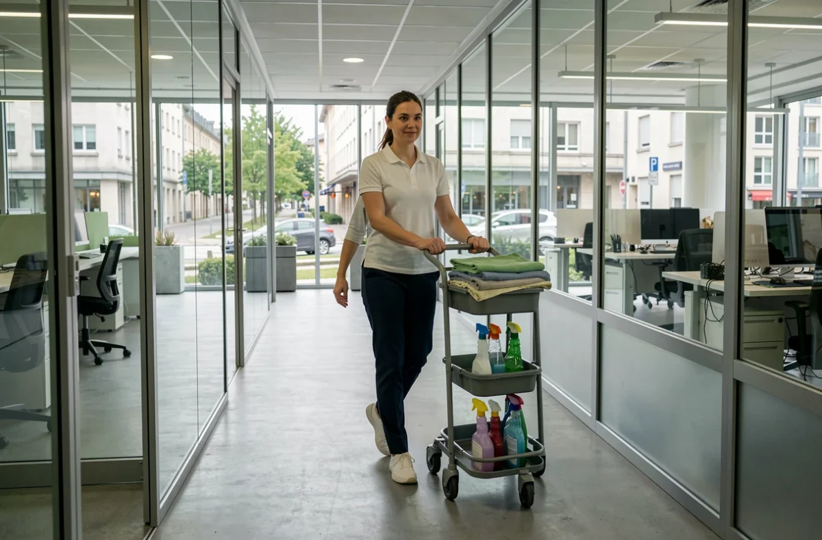 Professionnelle du nettoyage avec chariot dans un couloir de bureau à Grenoble