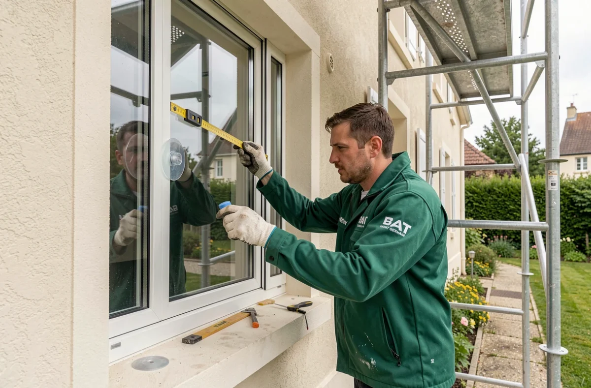 Deux ouvriers New Bat Saint Germain installant des fenêtres double vitrage sur une maison des Yvelines