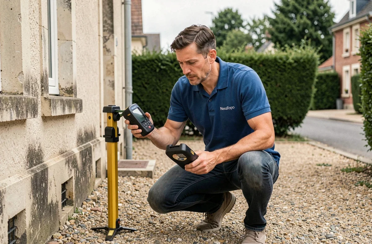 Géomètre NexaTopo mesurant les dimensions extérieures d'une maison dans les Yvelines