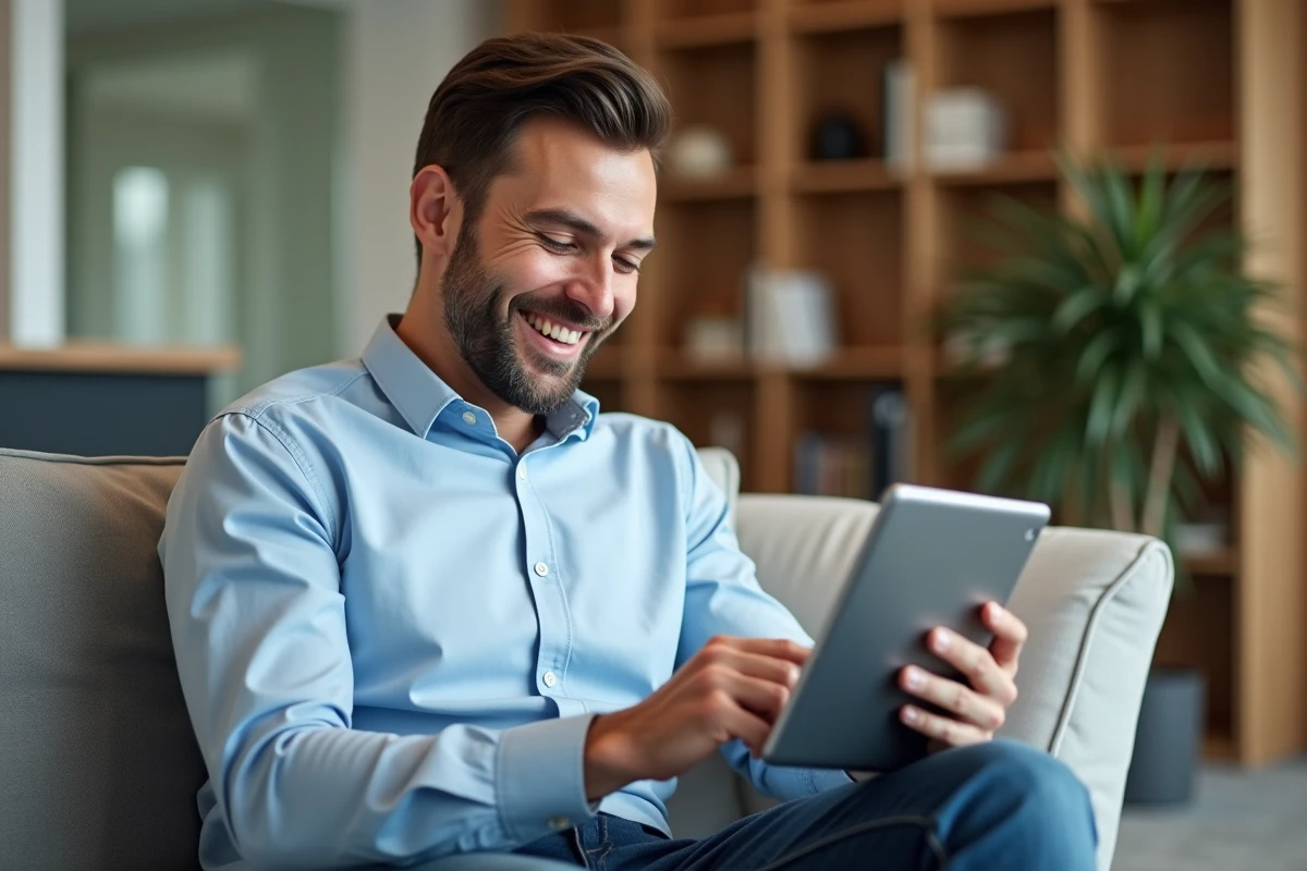 Nouvel employé découvrant les avantages du CSE Maisons du Monde sur une tablette dans l'espace d'accueil de l'entreprise