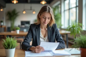 Nouvelle employée consultant les documents du CSE Maisons du Monde à son bureau en open space