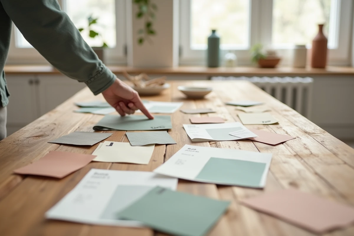 Nuanciers et échantillons de peinture sur une table en chêne, comparaison entre couleurs tendance et teintes intemporelles pour la décoration intérieure