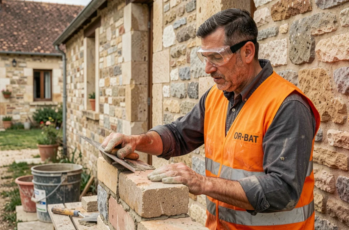 Maçon OR-BAT posant des pierres sur la façade d'une maison dans les Yvelines