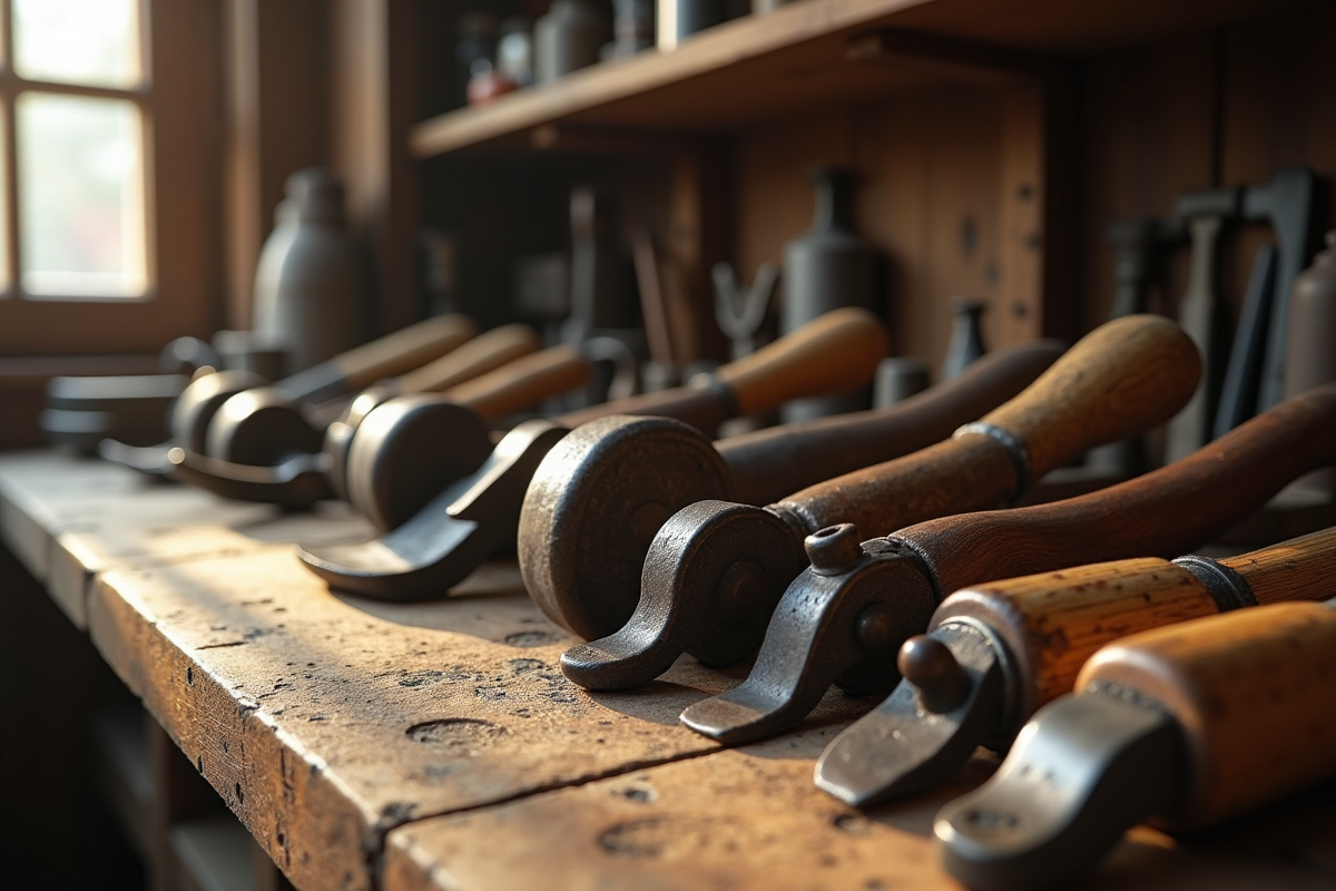 Outils anciens sur un banc en bois lumineux