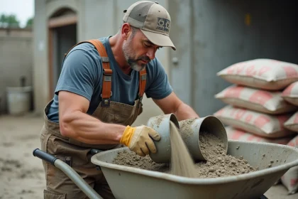 Ouvrier de construction versant du sable et du ciment dans un malaxeur