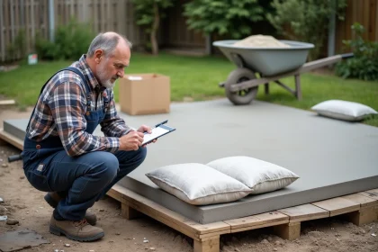 Ouvrier en tenue de chantier comptant des sacs de ciment &agrave; l'ext&eacute;rieur