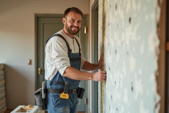Ouvrier en uniforme mesurant du plâtre dans une rénovation