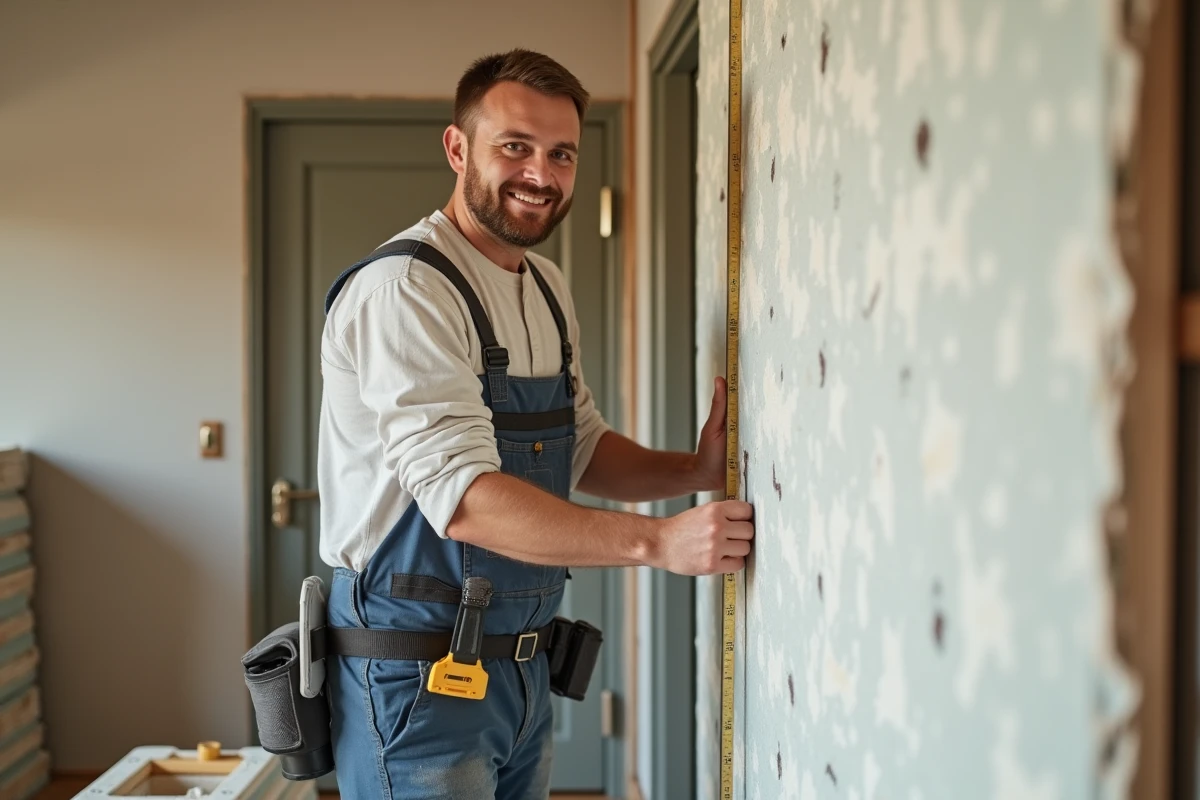 Ouvrier en uniforme mesurant du plâtre dans une rénovation