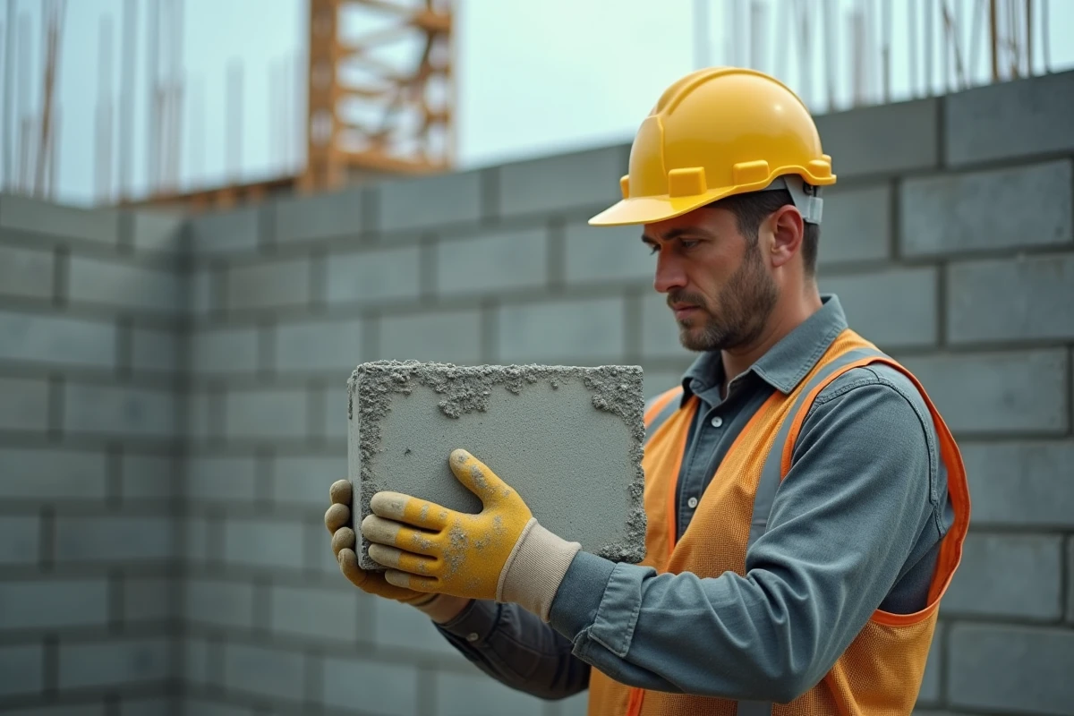 Ouvrier du bâtiment tenant un parpaing 20 sur un chantier de construction avec mur en blocs de béton en arrière-plan