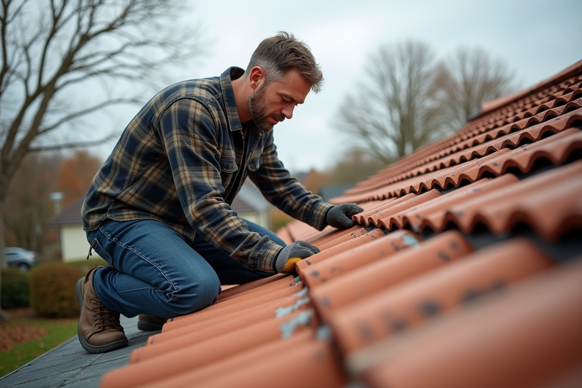 Ouvrier posant des tuiles en terre cuite sur le toit