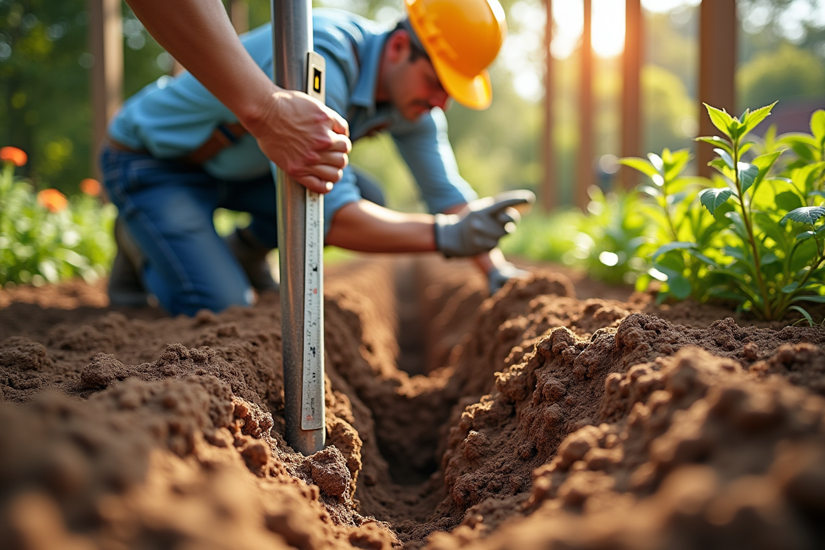Travailleurs creusant des trous pour poteaux de pergola dans le jardin
