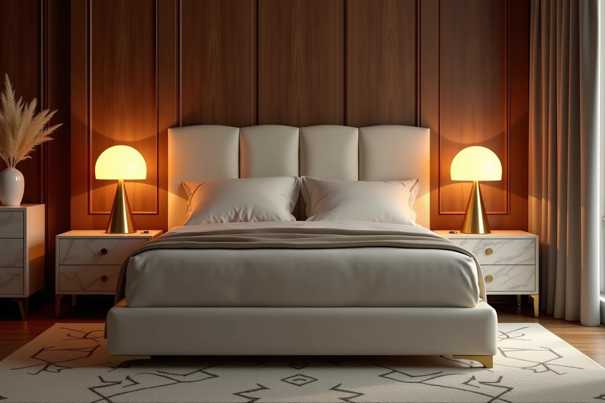 Paire de lampes de chevet champignon rétro en verre ambré et laiton brossé disposées symétriquement dans une chambre aux accents années 70
