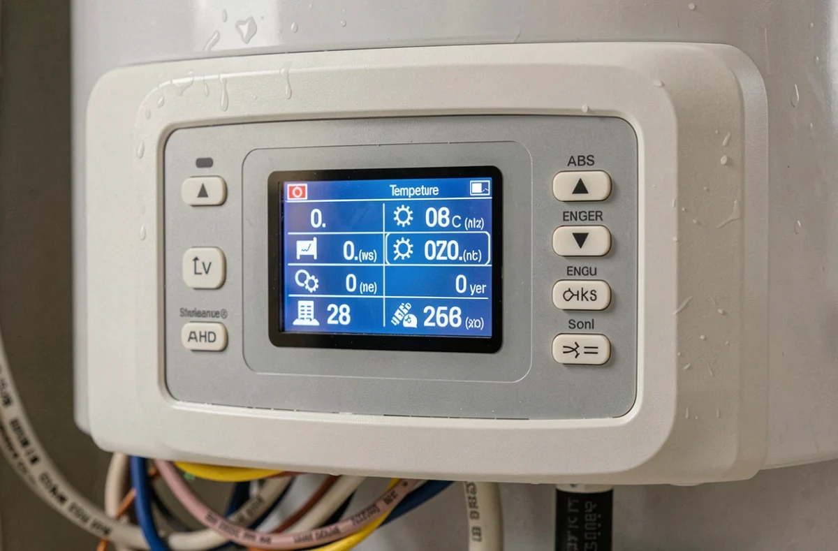 Panneau de commande numérique d'un ballon thermodynamique affichant les réglages de température et données énergétiques