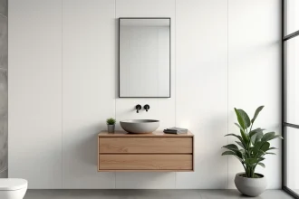 Panneau mural PVC mat blanc grand format dans une salle de bain moderne avec meuble vasque en bois et plante verte