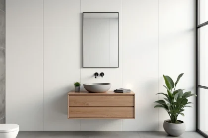 Panneau mural PVC mat blanc grand format dans une salle de bain moderne avec meuble vasque en bois et plante verte
