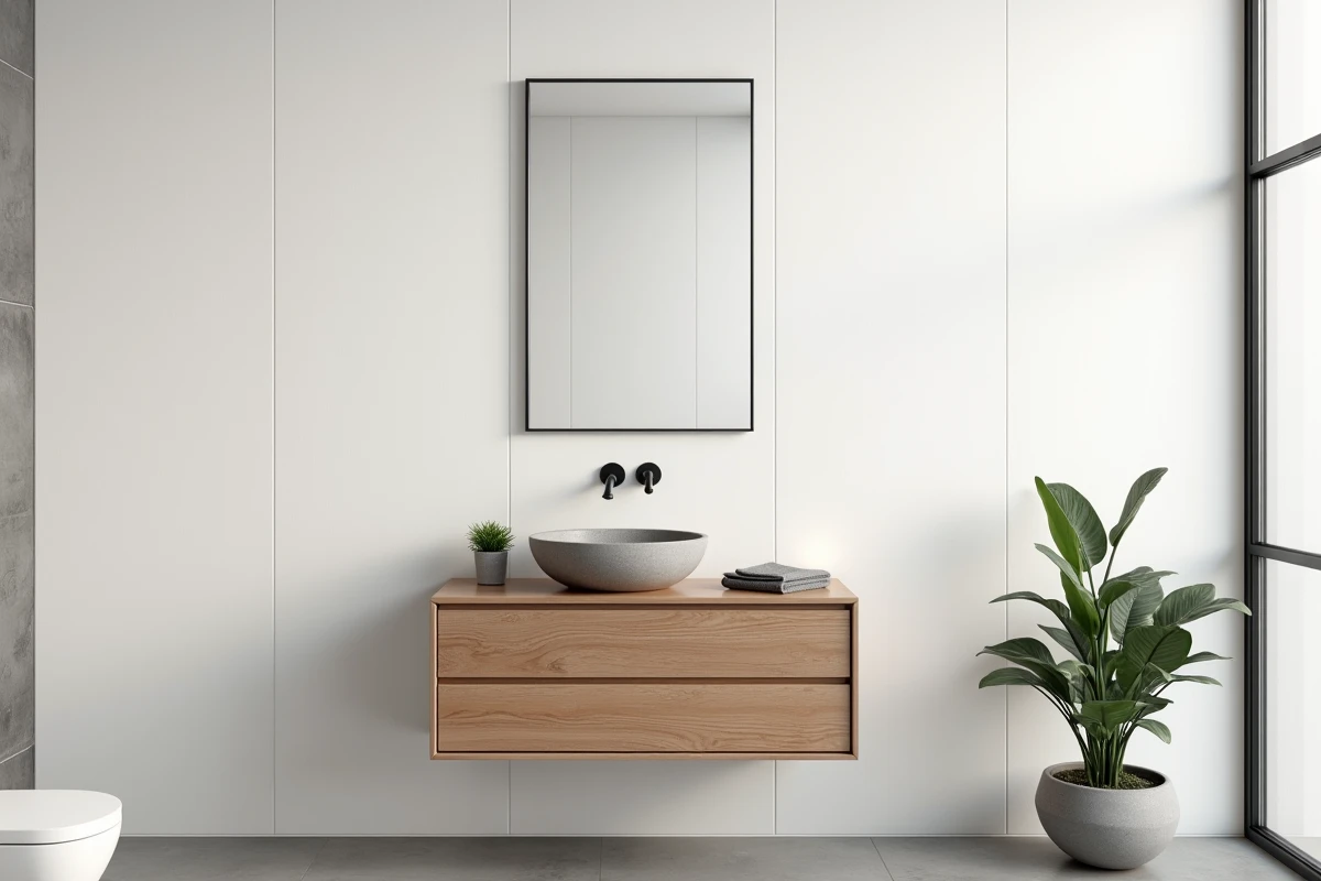 Panneau mural PVC mat blanc grand format dans une salle de bain moderne avec meuble vasque en bois et plante verte