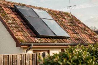 Panneau solaire à air chaud installé sur le toit d'une maison individuelle en zone périurbaine