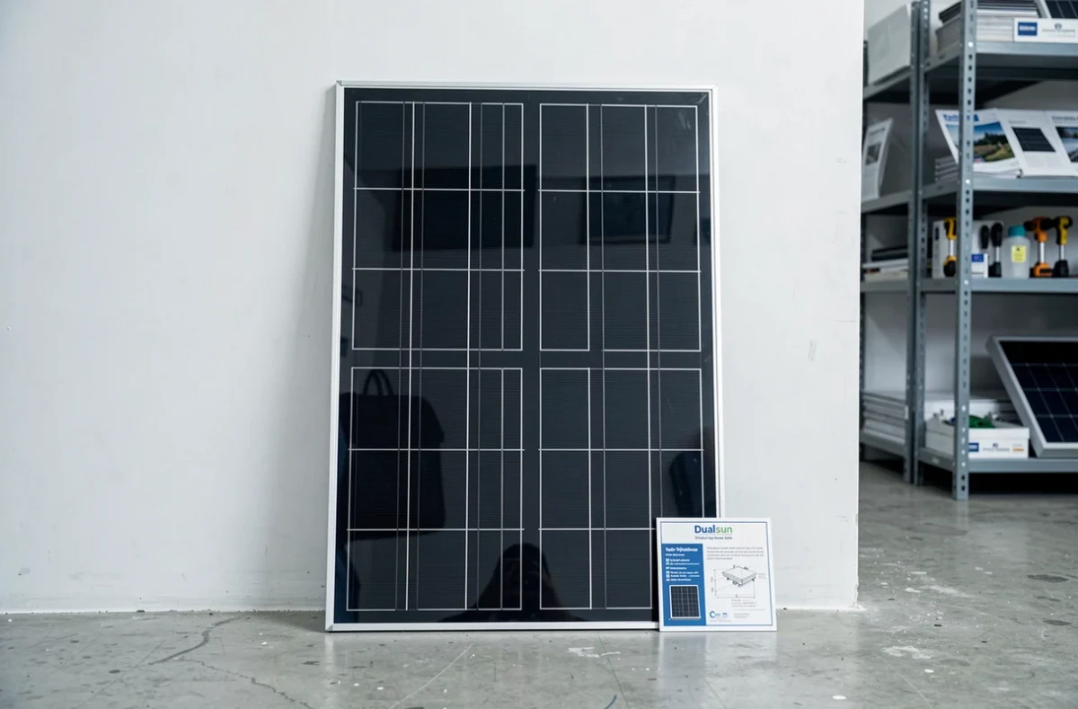 Panneau solaire hybride Dualsun exposé en atelier avec fiche technique et étiquette de prix visible