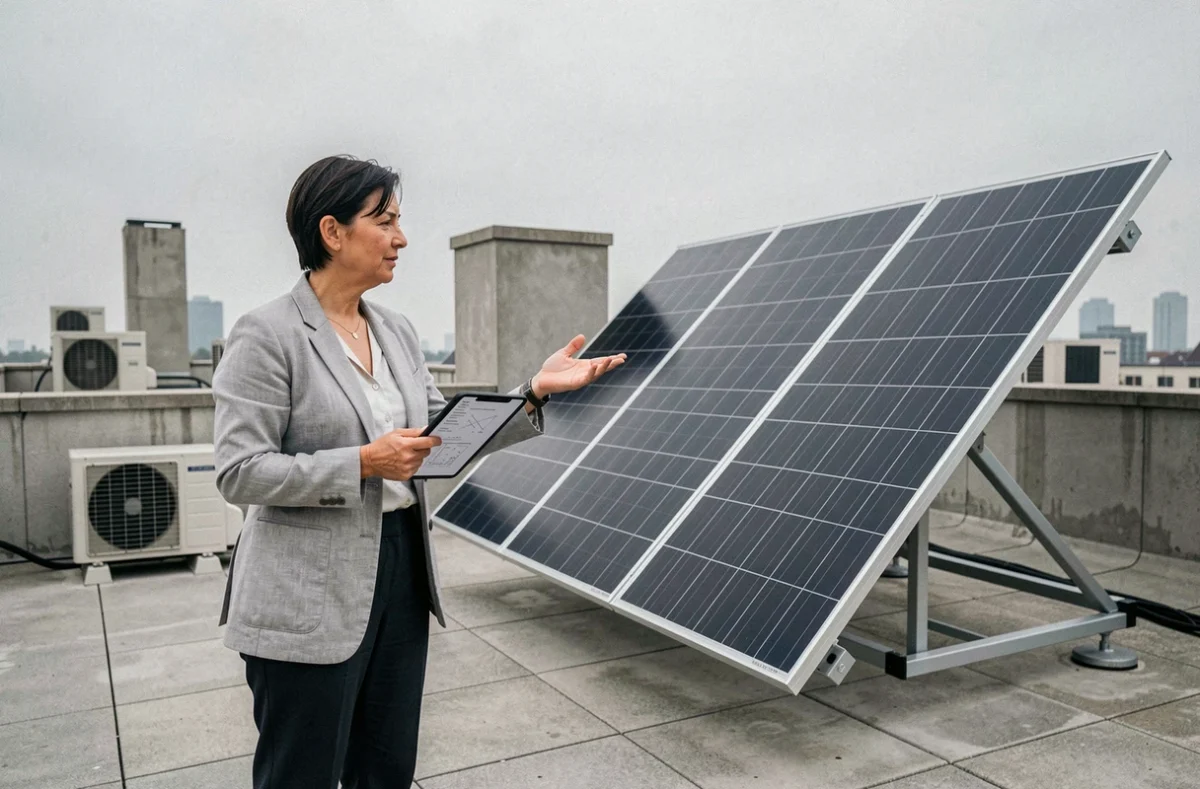 Femme présentant des panneaux solaires à couche mince sur la terrasse d'un appartement urbain moderne