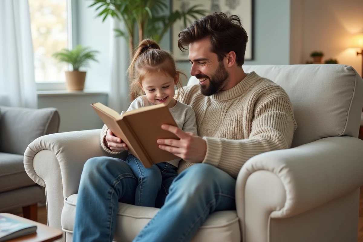 P&egrave;re lisant une histoire &agrave; sa fille sur un fauteuil recouvert
