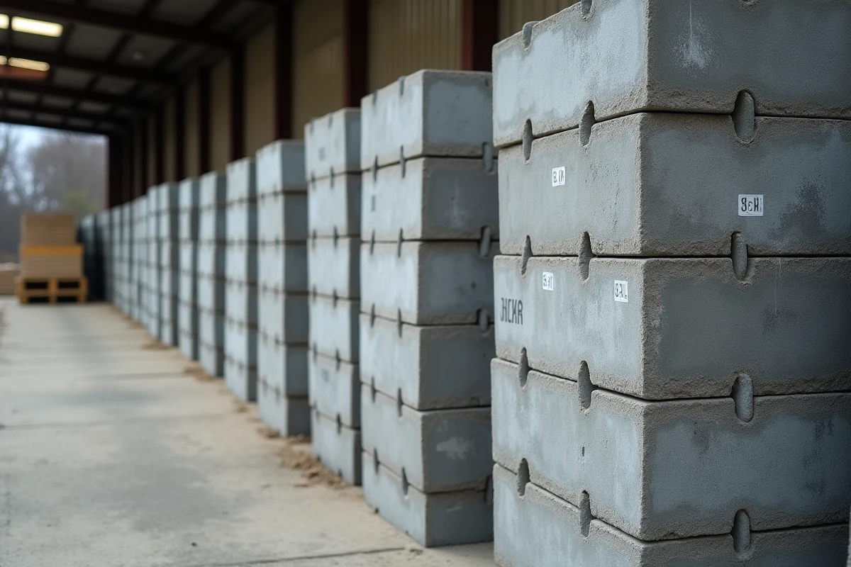 Rangées de parpaings 20 empilés sur palettes dans un entrepôt de matériaux de construction