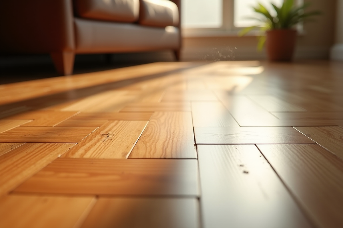 Plan rapproché d’un parquet rénové sous lumière douce