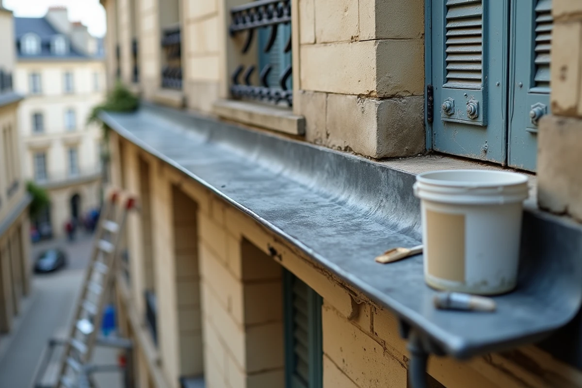Gouttière et toiture en zinc patinée sur une façade de bâtiment traditionnel parisien avec échelle de peintre