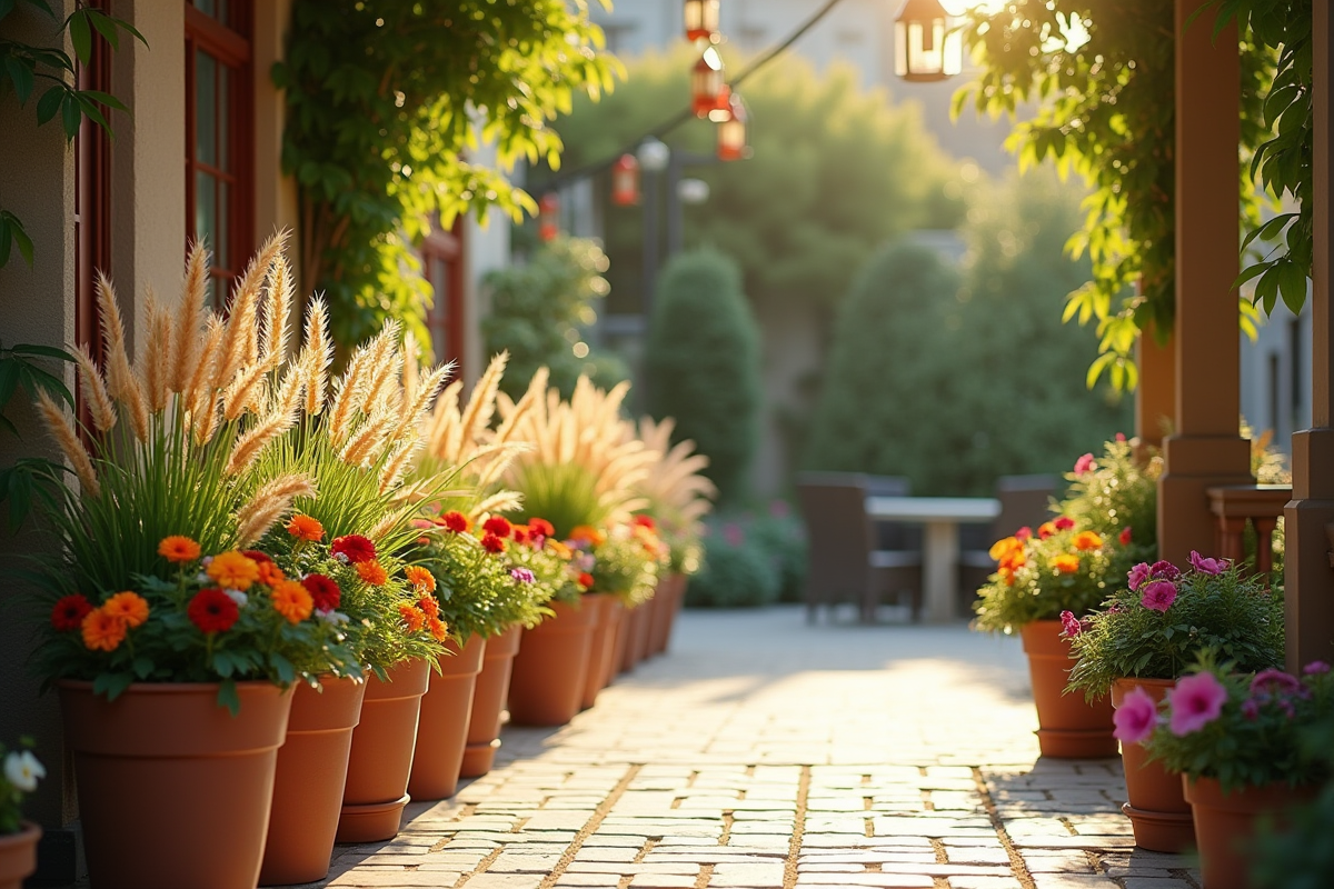 Patio extérieur avec fleurs et hautes graminées