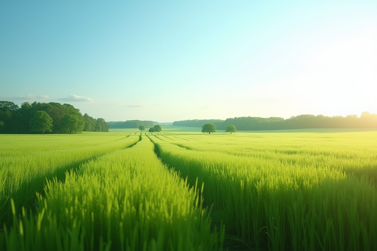 Paysage rural avec champ vert et ciel bleu ensoleille