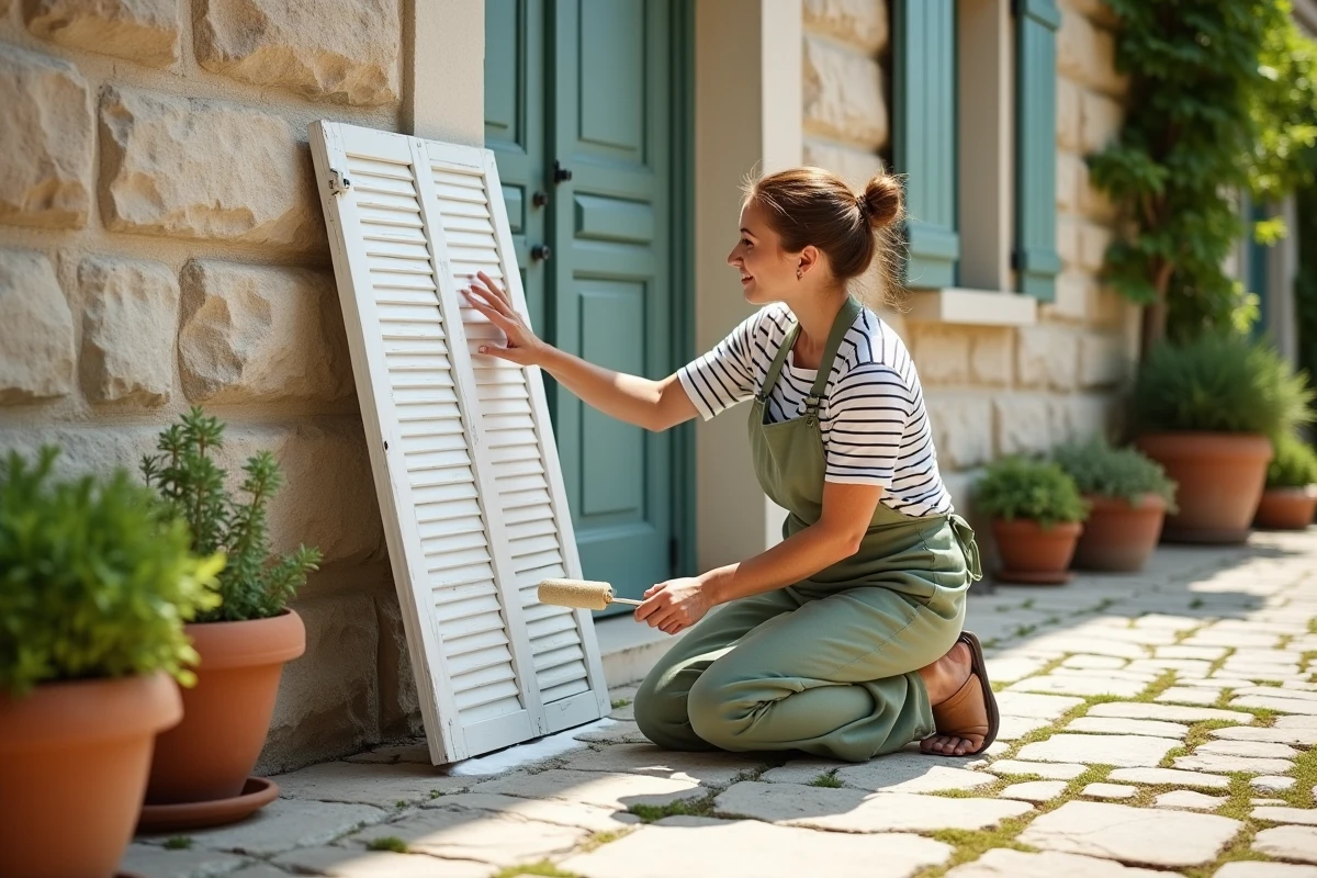 Femme peignant un volet en bois en blanc sur la façade d'une maison de campagne en pierre
