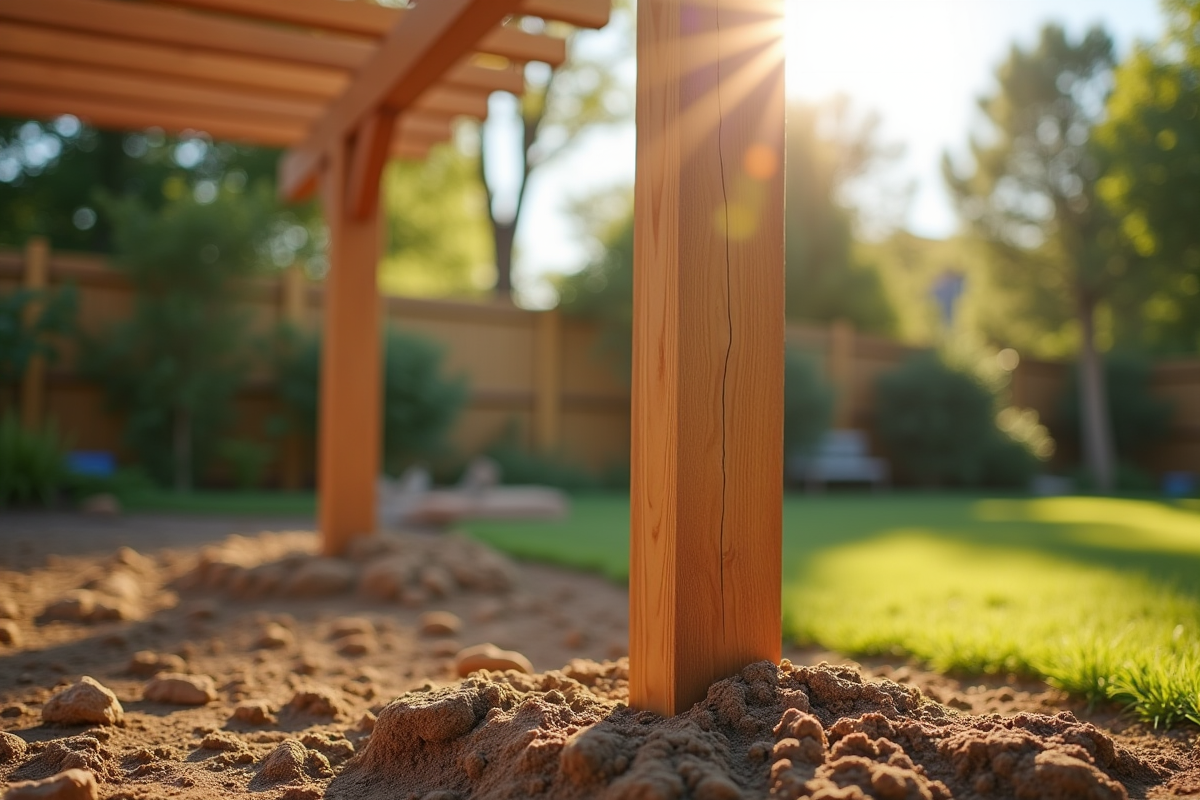 Pergola en bois fraîchement installée dans un jardin ensoleille