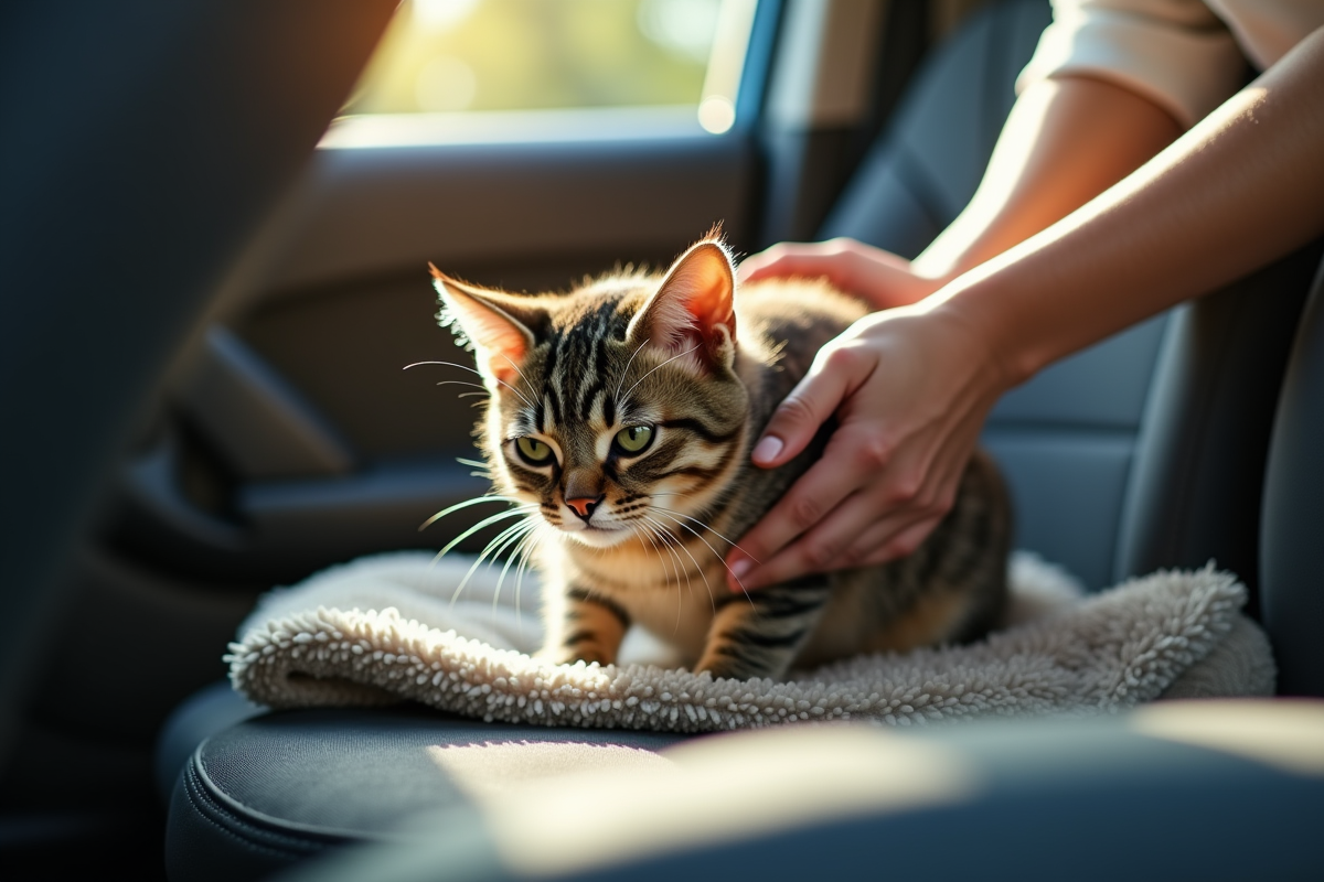 Personne réconfortant un chat stressé dans une voiture