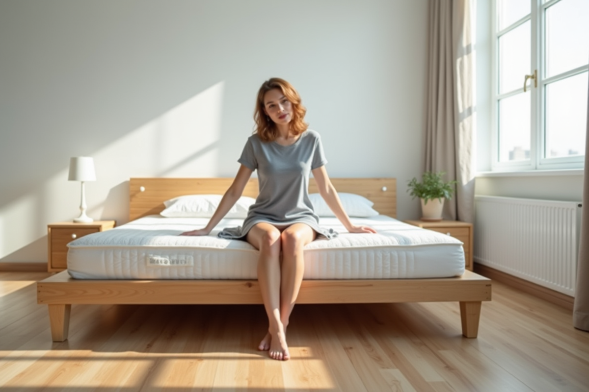 Personne assise sur un lit minimaliste dans une chambre lumineuse