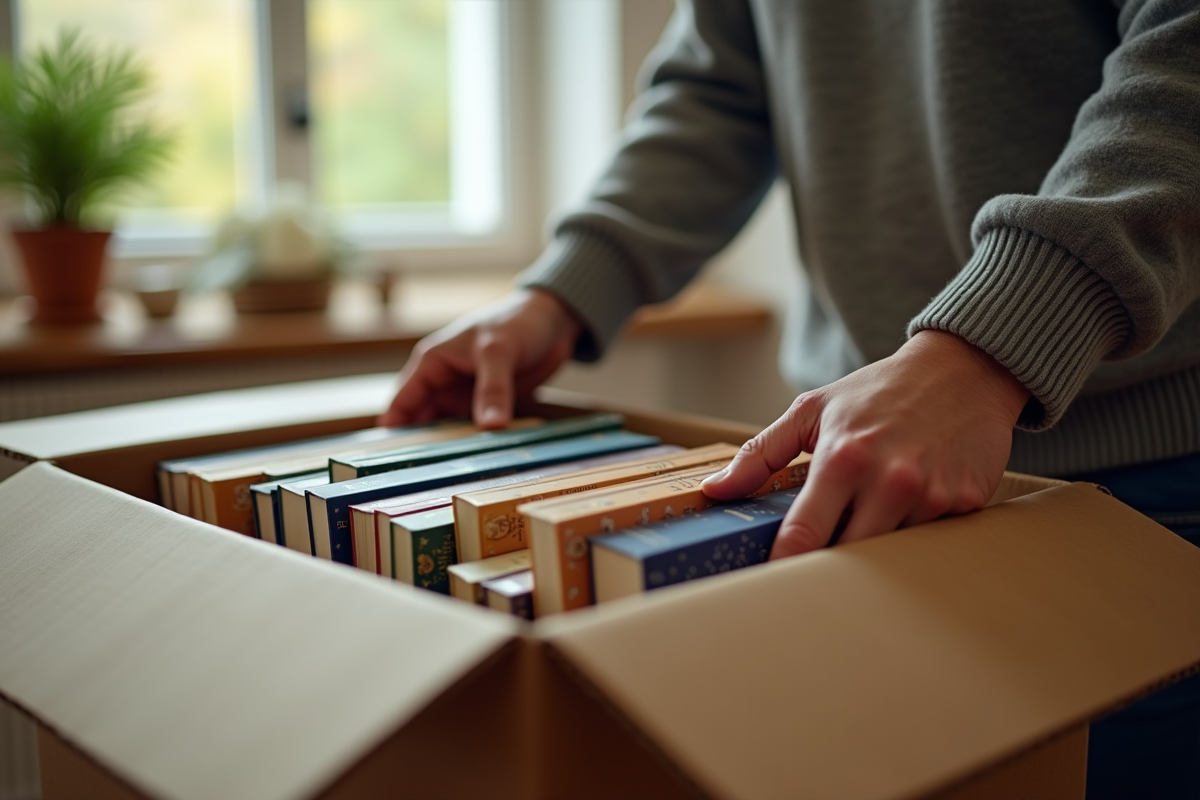 Personne arrangeant des livres dans une boîte de déménagement