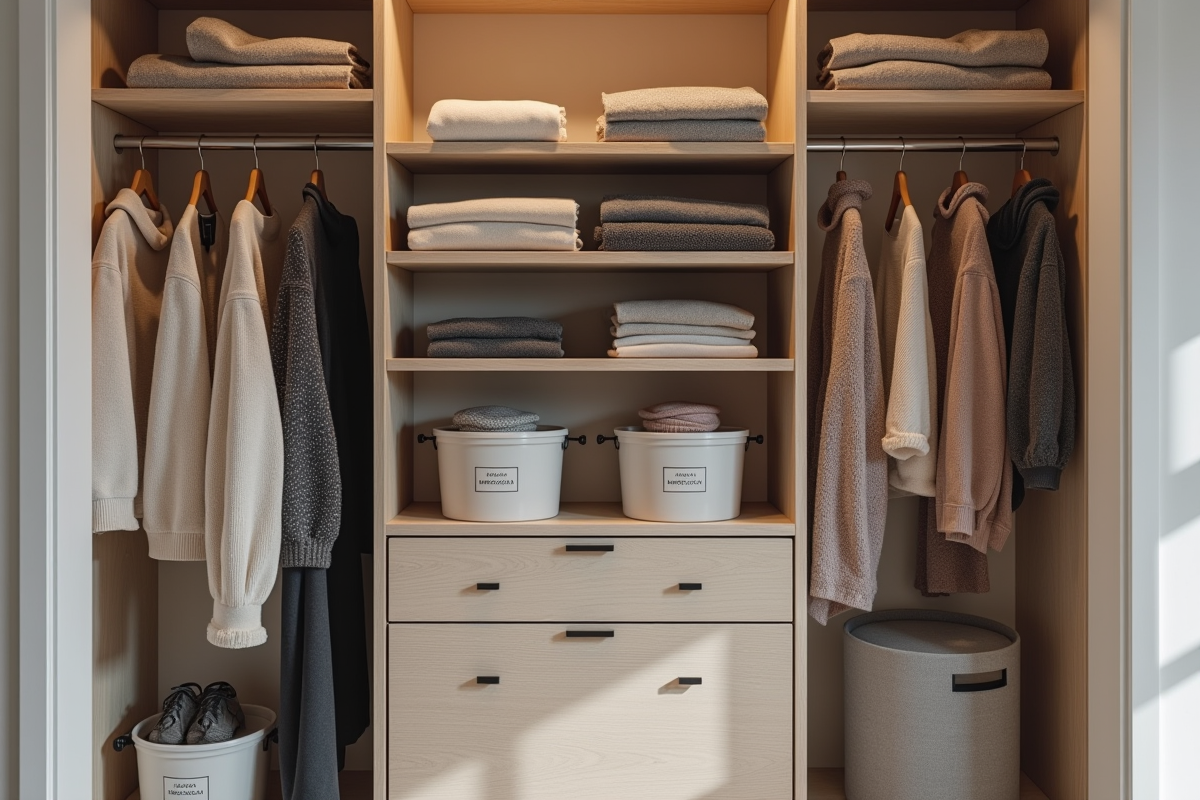 Petit dressing minimaliste avec rangements et accessoires
