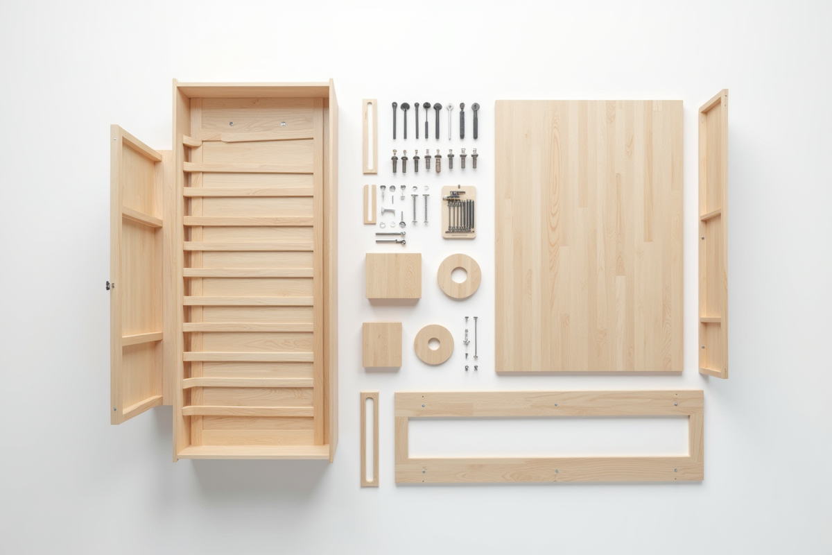 Panneaux de lit en bois et pièces disposés sur le sol pour l