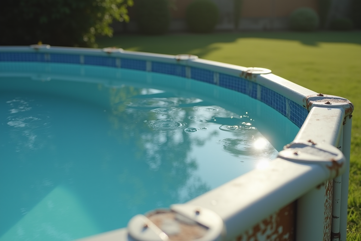 Détail du mur de la piscine hors sol usée en plein jour