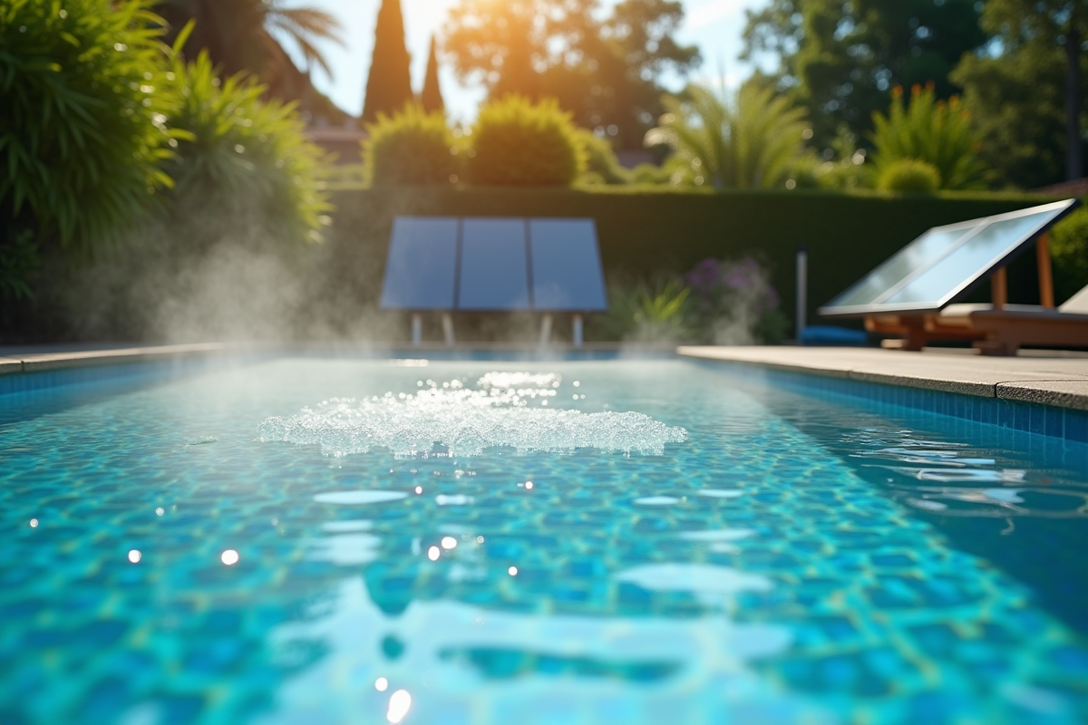 Piscine chauffee avec panneaux solaires dans un jardin verdoyant
