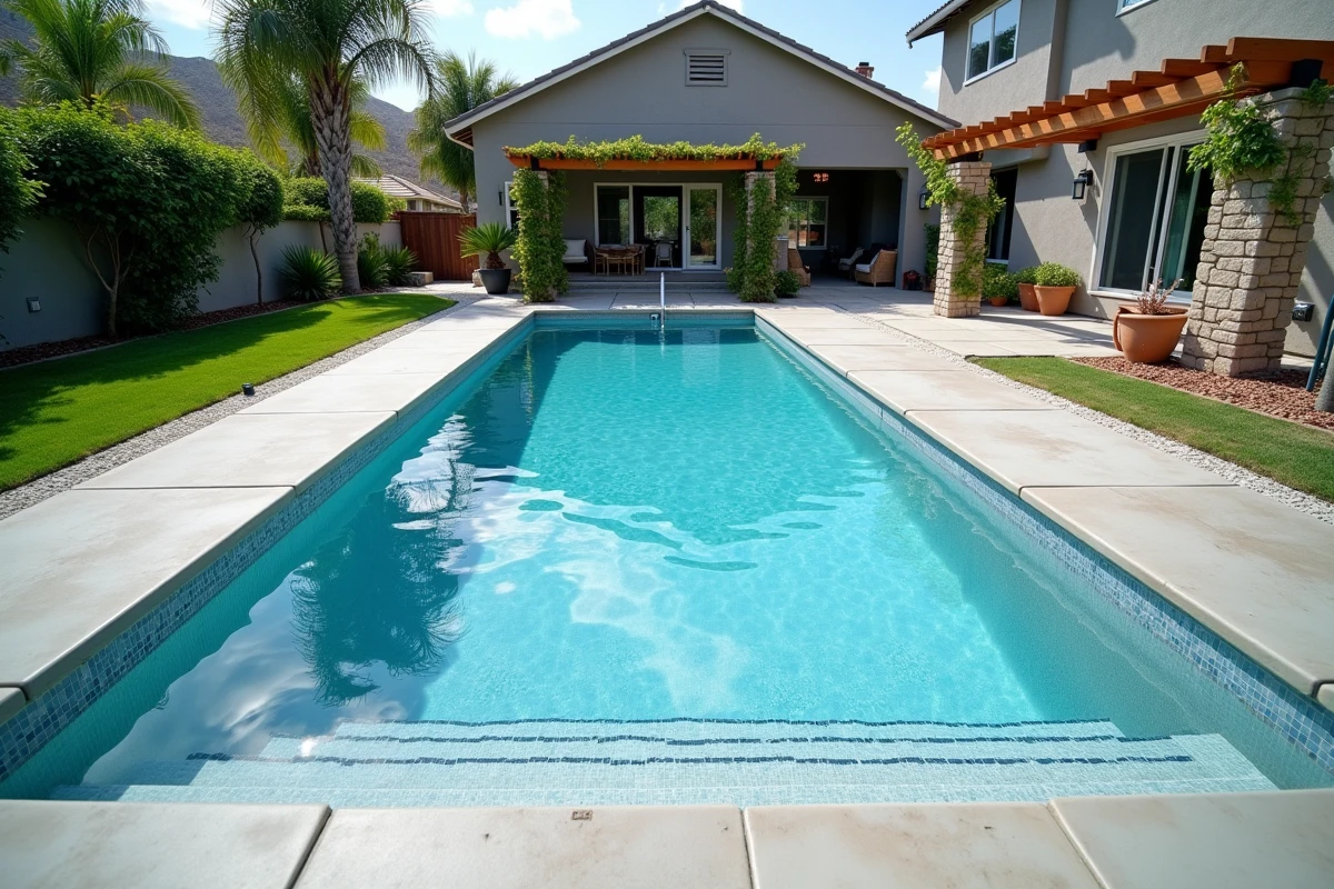 Piscine résidentielle rectangulaire récemment construite avec carrelage mosaïque et margelles en pierre naturelle dans un jardin de maison