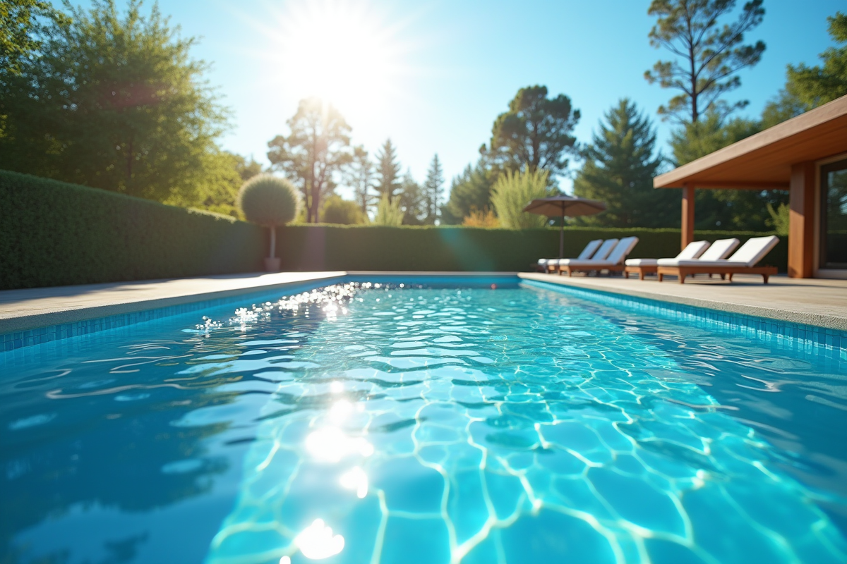 Piscine moderne avec couverture solaire et reflet du soleil