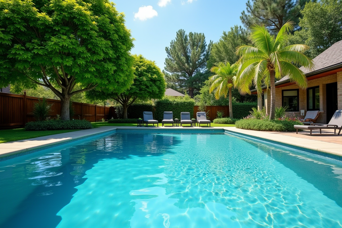 Piscine hors sol bien entretenue dans un jardin ensoleille