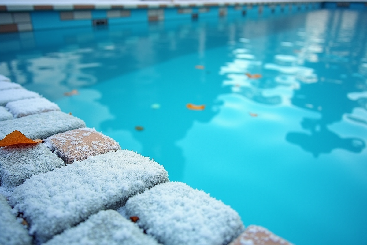 Piscine en hiver avec reflet du ciel bleu et feuilles flottantes