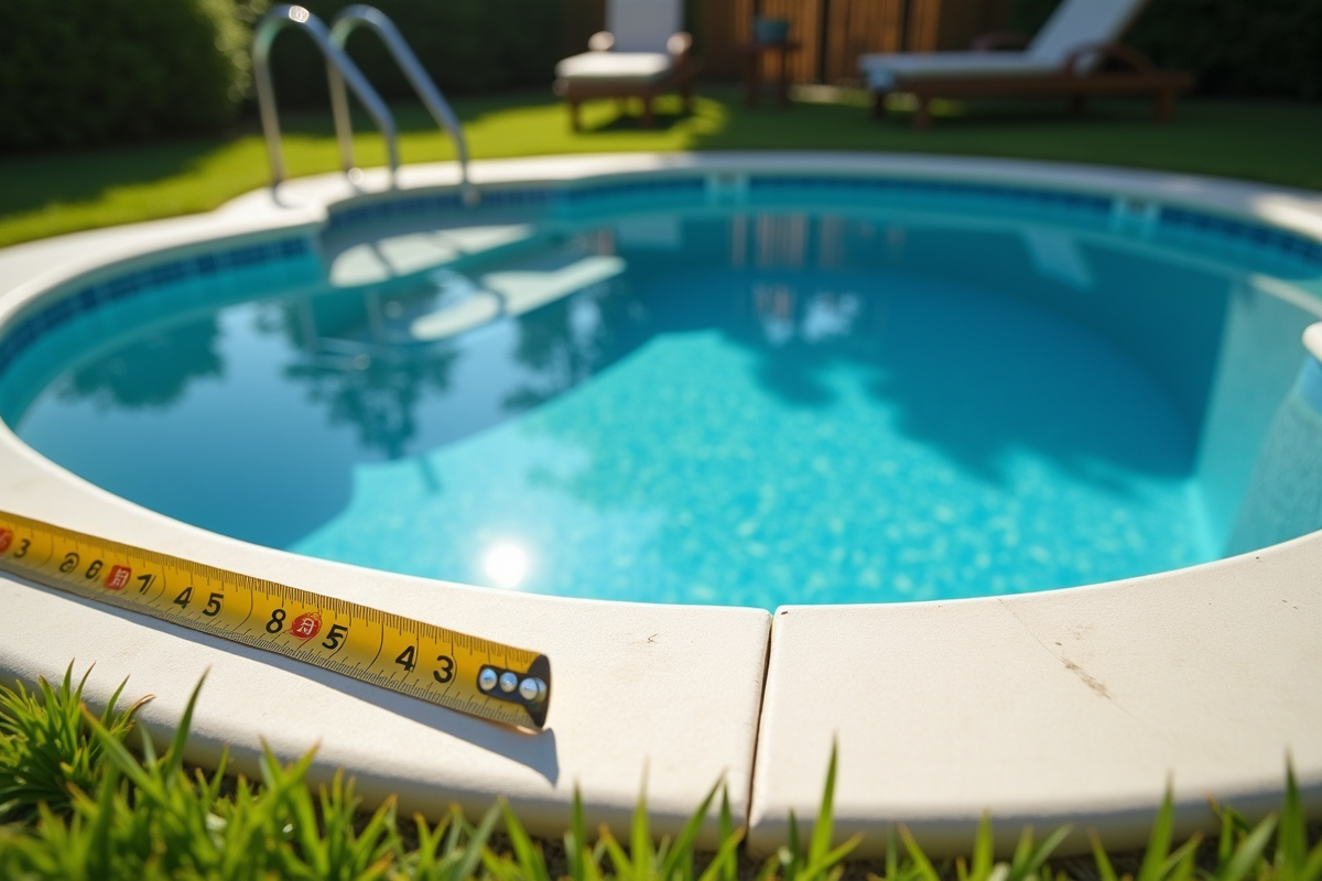 Piscine de jardin compacte avec pelouse verte et reflet du soleil