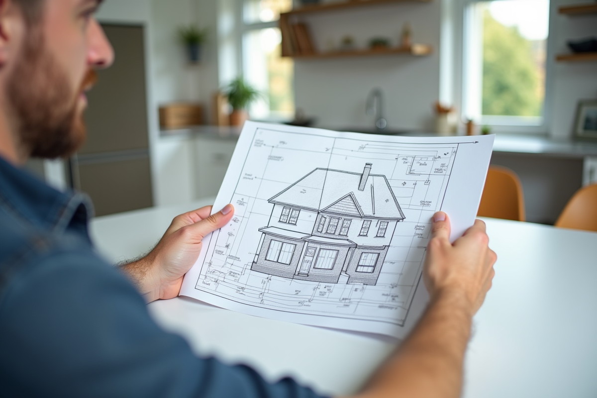 Personne tenant des plans de maison avec plomberie en fond