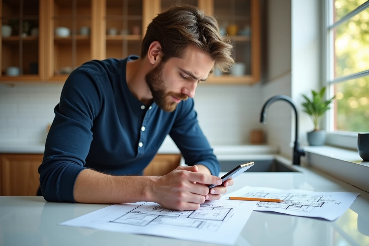 Homme comparant des plans de maison sur smartphone et sur papier dans une cuisine moderne