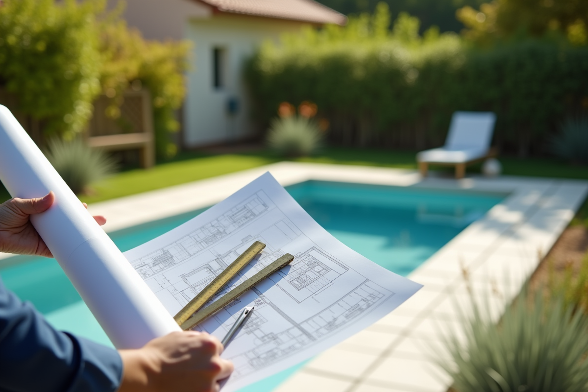 Mains tenant plans et outils de mesure pour piscine en construction