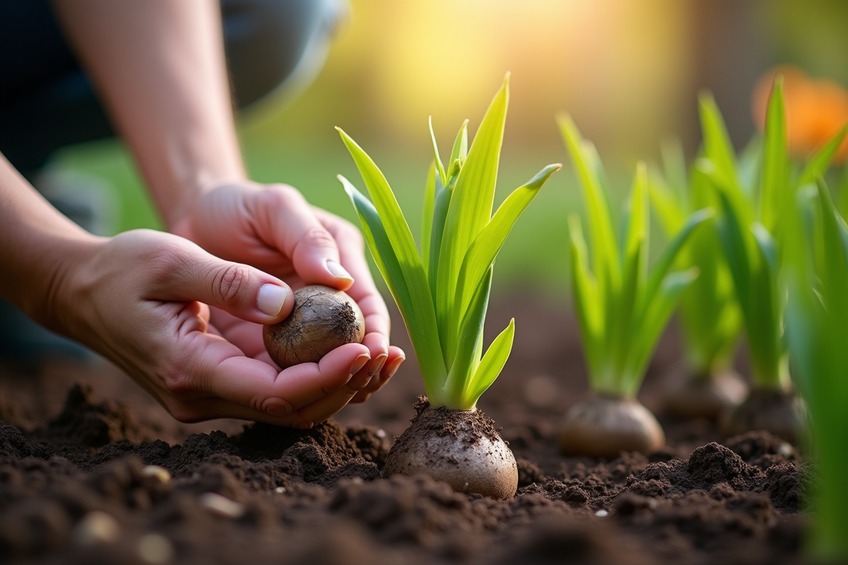 Mains de jardinier plantant des bulbes de lilas dans la terre